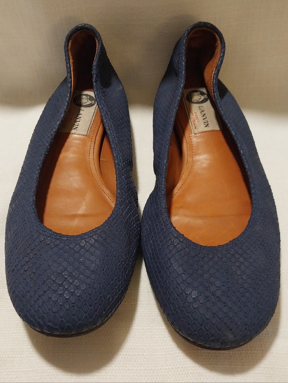 Lanvin Paris Navy Leather Snakeskin Embossed Ballet Flats